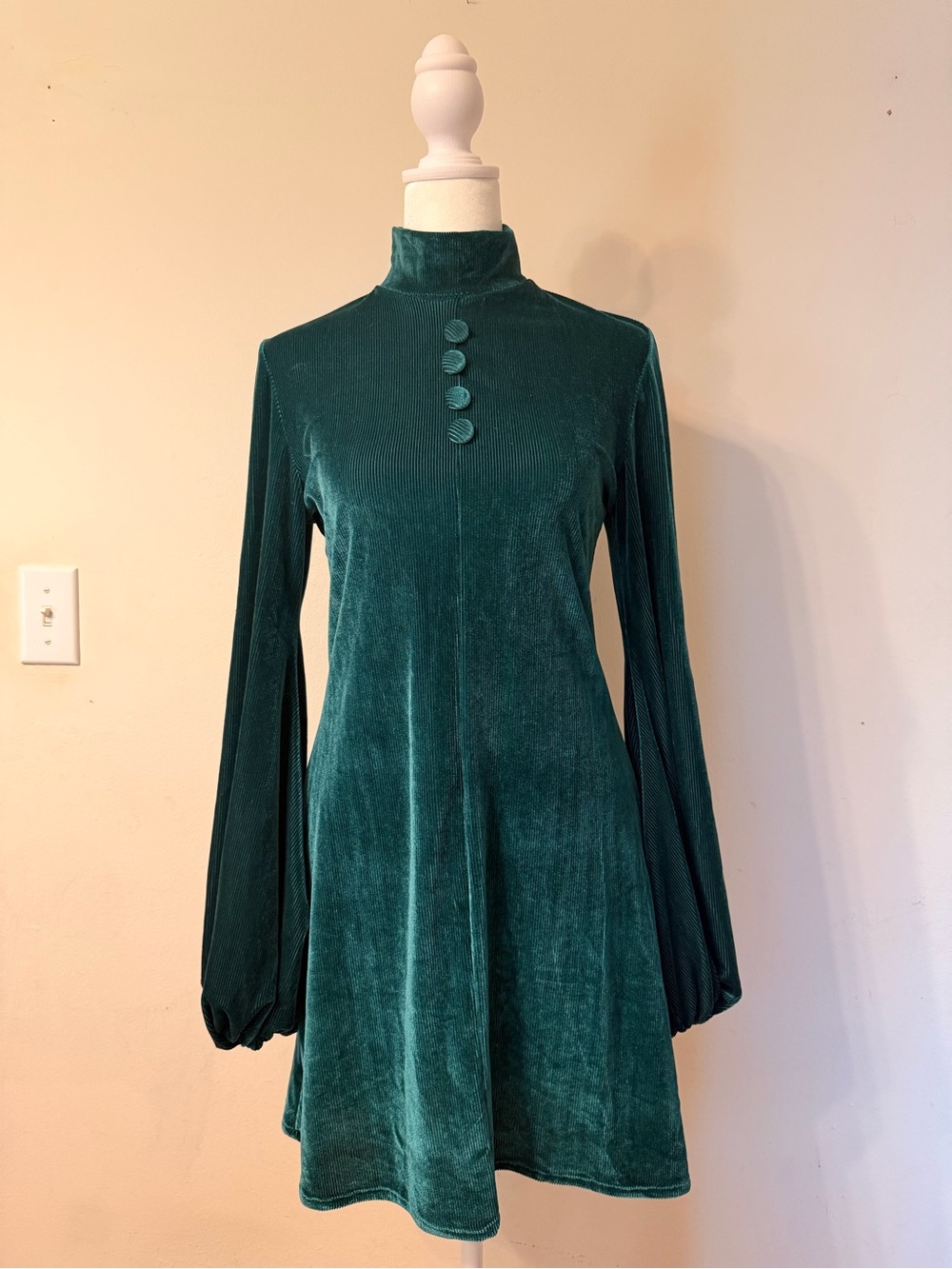 Handmade 60’s Mod Style Emerald Green Velvet High-Neck A-Line Dress
